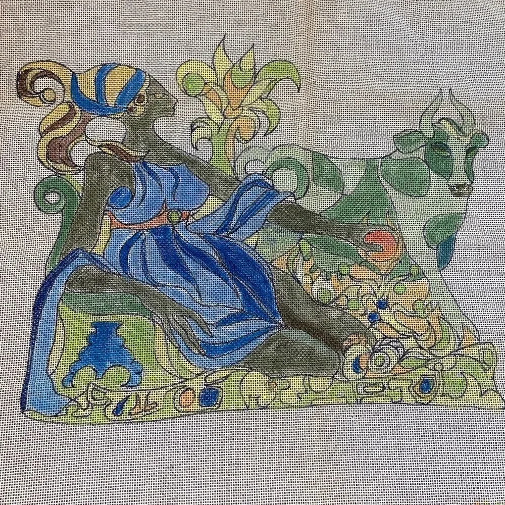 Abstract Reclining Woman and Cow Tapestry in Blue & Green